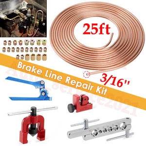 Brake Line Pipe Repair Kit 3/16 25ft Pipe Single Flaring Tools 22 Nuts Fittings - Picture 1 of 17