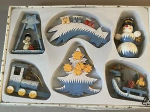 Weihnachten Baumhänger Holz 6 St. Baum,Lok,Schneemann, NEU OVP VINTAGE XMAS - Bild 1 von 8