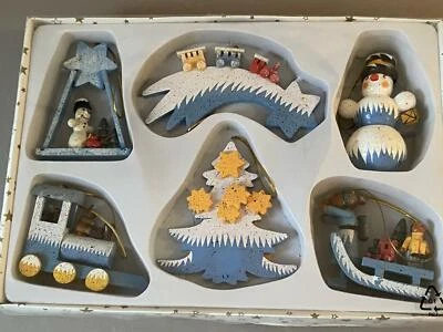 Weihnachten Baumhänger Holz 6 St. Baum,Lok,Schneemann, NEU OVP VINTAGE XMAS - Bild 1 von 4