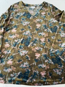 Pure J Jill Damen XLT Geo LS V-Ausschnitt Tunika Top Abstrakt Blumen Velour XL Tall - Bild 1 von 7
