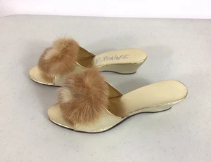 Vintage Gold Slippers Pinup Mules Fur Trim Womens 6.5 - Picture 1 of 8