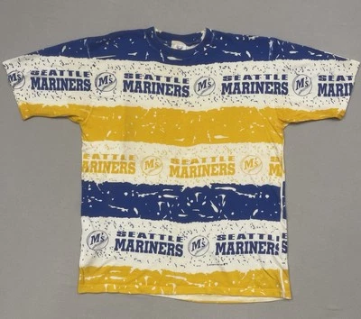 Vintage Jostens Artex Yellow & Blue Seattle Mariners MLB AOP Shirt Sz Large - Image 1 of 4