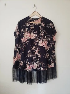 New Look Black & Pink Floral Print Tasseled Kimono.Festival/Beach Cover.Size 14 - Picture 1 of 8