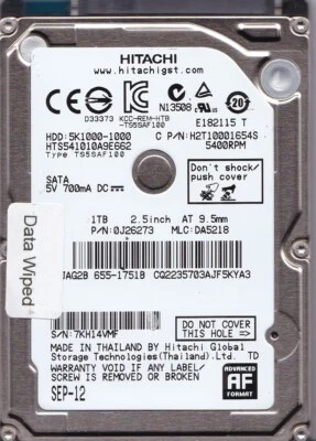 Hitachi/APPLE HTS541010A9E662 SEP-12 655-1751B mlc: DA5218 pn: 0J26273 1TB SATA - Image 1 of 4
