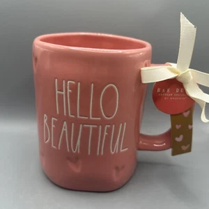 Rae Dunn HELLO BEAUTIFUL Pink Mug with Hearts Imprinted Valentine NEW - Picture 1 of 4