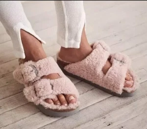 Papillio Birkenstock Arizona Big Buckle Shearling Teddy Crystal Rose Size 38 NWT - Picture 1 of 7