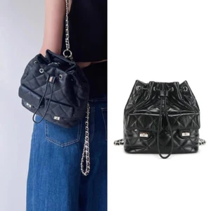 Kleiner Mini gesteppt Echtleder Kordelzug Eimer Rucksack Ketten Geldbörse Mode - Bild 1 von 17