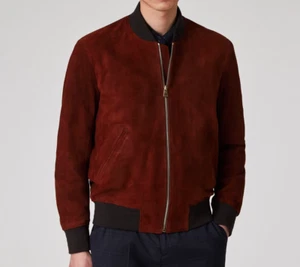Mens Red Pure Suede Leather Jacket Slim Fit Trucker Jacket Custom Size S M L XL - Picture 1 of 4
