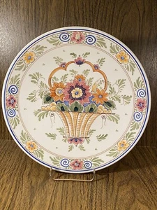 VINTAGE DELFT POLYCHROME HAND PAINTED HANGING WALL PLATE FLOWER BASKET 10” - Picture 1 of 9