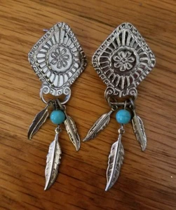 Vintage Ohrringe - Southwestern Federn türkis silberfarben - Bild 1 von 3