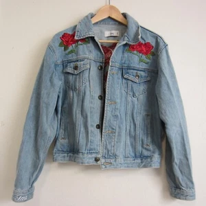 Aritzia Jean Jackets Womens XS TNA Crop Denim Biker style Embroidered Grunge - Picture 1 of 17