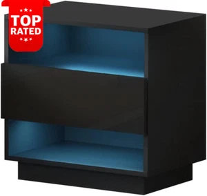 Black Bedside Table LED Storage Narrow 2 Shelf Nightstand Lamp Cabinet 50x33cm - Picture 1 of 12