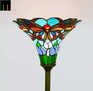 New Arrival JT Tiffany Stained Glass 14'' Torchiere Butterfly Style Floor Lamp - Picture 1 of 10