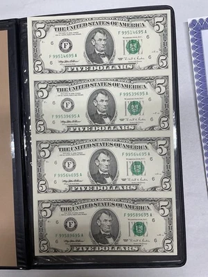 1995 $5 Federal Reserve Notes Uncut Sheet of 4 With Nice Holder And Certificate - Image 1 of 4