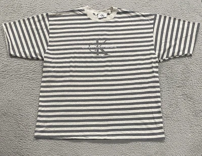 Винтажная мужская футболка Calvin Klein XXL серая белая полоса одинарный шов 80-е 90-е США - Изображение 1 из 4