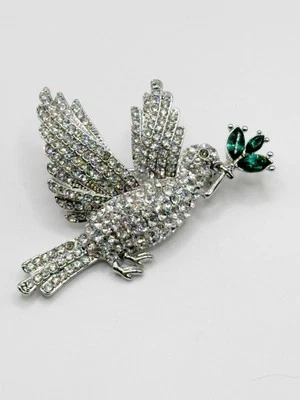 Silver Tone Sparkly Rhinestone Peace Dove Brooch Green Leaves Pin Brooch - Image 1 of 4