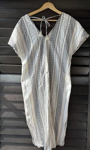 Subtle Luxury S/M White Tan Black swimsuit Coverup Kaftan 100% Cotton Boho - Picture 1 of 7