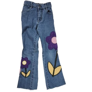 Vintage LEE RIDERS FLORAL Flare Leg Jeans Girls 7 S Short Hippie Patches L21 - Picture 1 of 19
