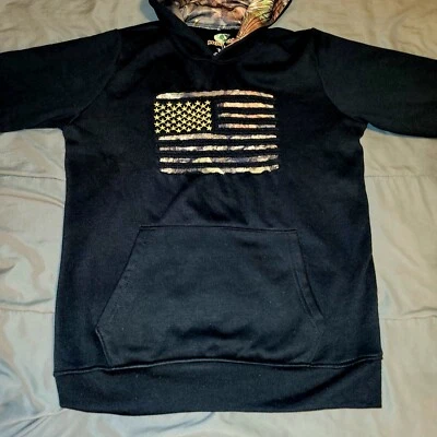 BOYS Mossy Oak Camo American Flag & Black Hoodie Size 18, Worn Once and Washed  - Image 1 of 4