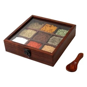 Caja de especias de madera con cerradura antigua mesa Masala Dabba partición de 9 secciones - Imagen 1 de 4