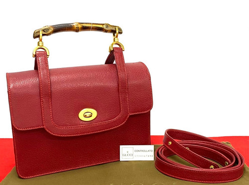 Gucci vecchia borsa a mano in pelle con manico in bambù 2 vie tracolla rossa donna vintage