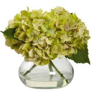 GREEN BLOOMING SILK HYDRANGEA ARTIFICIAL FLORAL FAKE FLOWER ARRANGEMENT w/ VASE - Picture 1 of 1