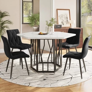5-teilig Esszimmer Set: Sechseckiger Marmor Tisch + 4 schwarze Samt Stühle - Bild 1 von 12