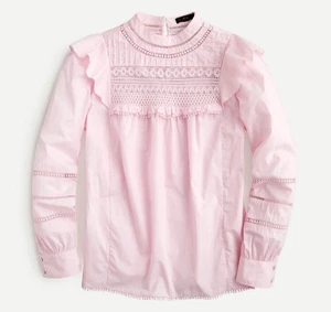 NUEVO CON ETIQUETAS J. Blusa Top Crew Crochet Encaje Volantes 100% Algodón Rosa Manga Larga Mediana - Imagen 1 de 14