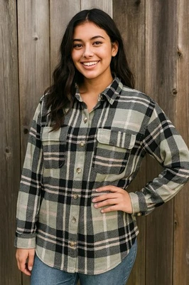 C&C California Button Up Shirt Womens Medium PInk Gray Plaid Soft Flannel - Image 1 of 4