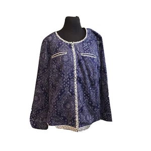 Isaac Mizrahi Live! Damask Mixed Print Blue White Full Zip Jacket Blazer Plus 24 - Picture 1 of 9