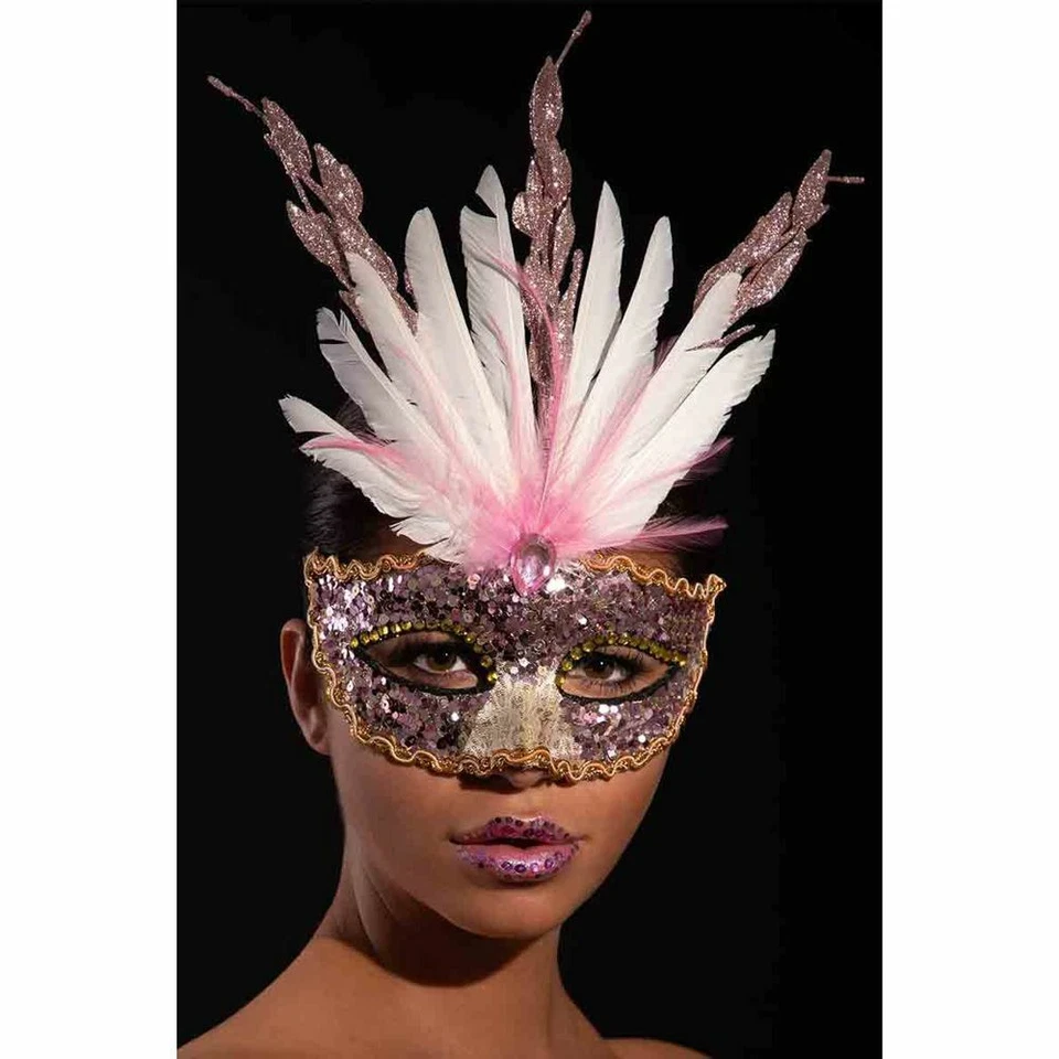 01291-1 MASCHERA PREZIOSA ROSA CON GLITTER E PIUME CARNEVALE HALLOWEEN  - Immagine 1 di 1
