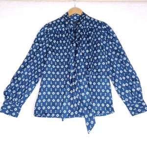 Camicetta Ann Taylor blu medio stampa floreale cravatta collo manica lunga carriera bohochic - Foto 1 di 9