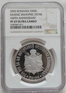 ROMANIA SILVER 500 LEI PROOF COIN 2003 YEAR KM#178 BISHOPRIC RAMNIC NGC PF69 - Picture 1 of 2