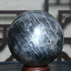 B6080-383g Piedras Lunares Negras Naturales Cristal de Roca Cuarzo Esfera Bola Reiki/Soporte - Imagen 1 de 12