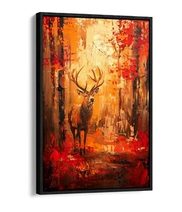 IMPRESIÓN ARTÍSTICA EN LIENZO EFECTO FLOTADOR NARANJA ROJO AMANECER CIERVO EN BOSQUE - Imagen 1 de 12