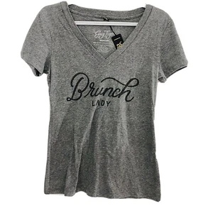 Damen M Kurzarm Neuheit T-Shirt Grau Brunch Lady Script Grafik V-Ausschnitt Neu - Bild 1 von 4