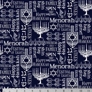 Festival Of Lights Symbols Words Hanukkah Cotton Fabric Riley Blake Navy White - Picture 1 of 1