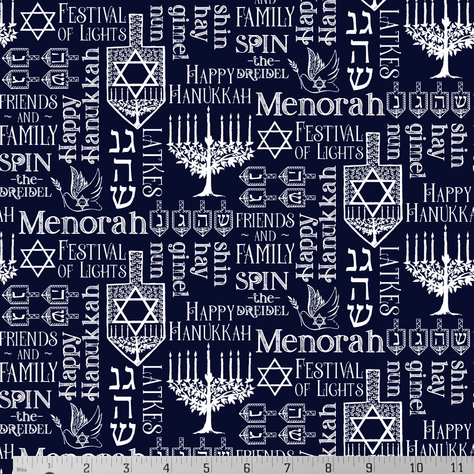 Festival de las Luces Símbolos Palabras Hanukkah Tela de Algodón Riley Blake Azul Marino Blanco Foto 1 de 1