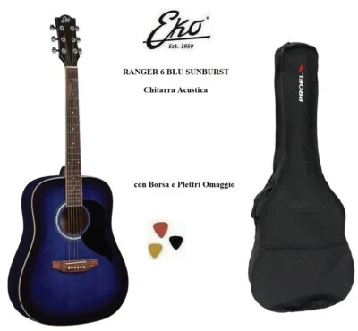 EKO RANGER 6 CHITARRA ACUSTICA BLU SUNBURST CON BORSA + 3 PLETTRI NUOVA - Immagine 1 di 4