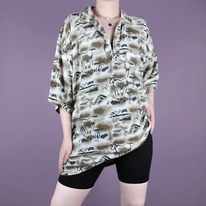 VINTAGE Grunge Print Long Oversize Abstract Retro 90s Polo T-Shirt Top L 16 18 - Picture 1 of 11