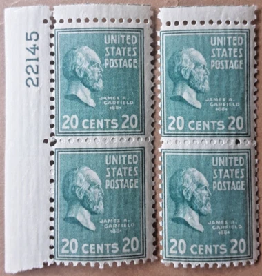 1938 US Stamp Plate#22145 Scott#825 Pres James Garfield 20c Block of 4 Env#1 MNH - Image 1 of 2