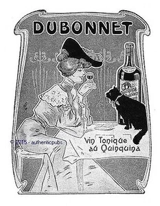 REKLAME DUBONNET TONISCHER WEIN MIT QUINQUINA KATZE VON 1910 FRANZÖSISCH AD ART DECO PUB - Bild 1 von 1