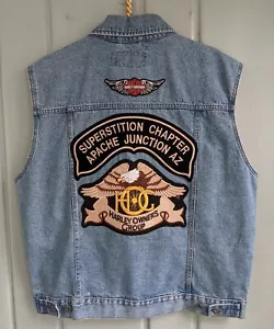 Wrangler Harley Davidson Mens Large Jean Vest Jacket Patches Denim Embroidered L - Picture 1 of 10