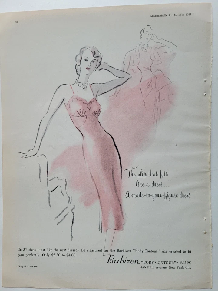 1947 Mujer Barbizon Body Contour Rosa Slip Vintage Moda Arte Anuncio Foto 1 de 1