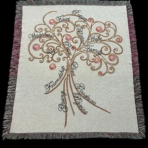Inspirational Tree Tapestry Throw Blanket Tasseled Love Joy Peace Hope Faith - Picture 1 of 11