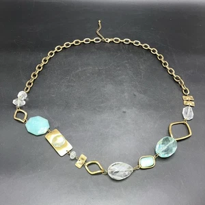 Chico's Long  Bronze Gold Metal MintGreen Stones Clear Beads HeavyWeight Belt - Picture 1 of 7