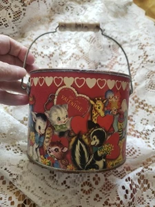 Metal Valentines Day Bucket, Vintage Images, Wire & Wood Handle, #3 - Picture 1 of 5
