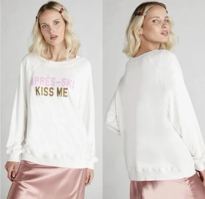 Wildfox Apres Ski Kiss Me Vacaciones Invierno Gráfico Sudadera Blanco Rosa Foto 1 de 4