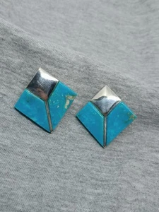 Vtg Turquoise 925 Sterling Silver Square Clip On Earrings .8" - Picture 1 of 11