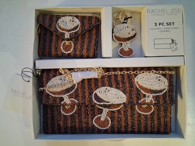 JUEGO DE 3 PIEZAS RACHEL ZOE CUENTAS RAYAS ESPRESSO MARTINI CLUTCH ESTUCHE PARA TARJETAS Y BOLSO ENCANTO Foto 1 de 4